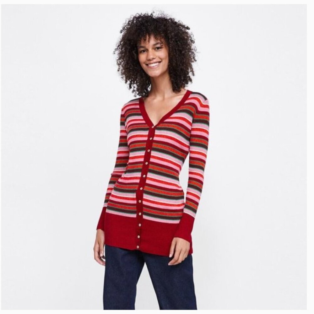 Zara Red Multi-Color Striped Shimmer Thread Cardigan - Size S